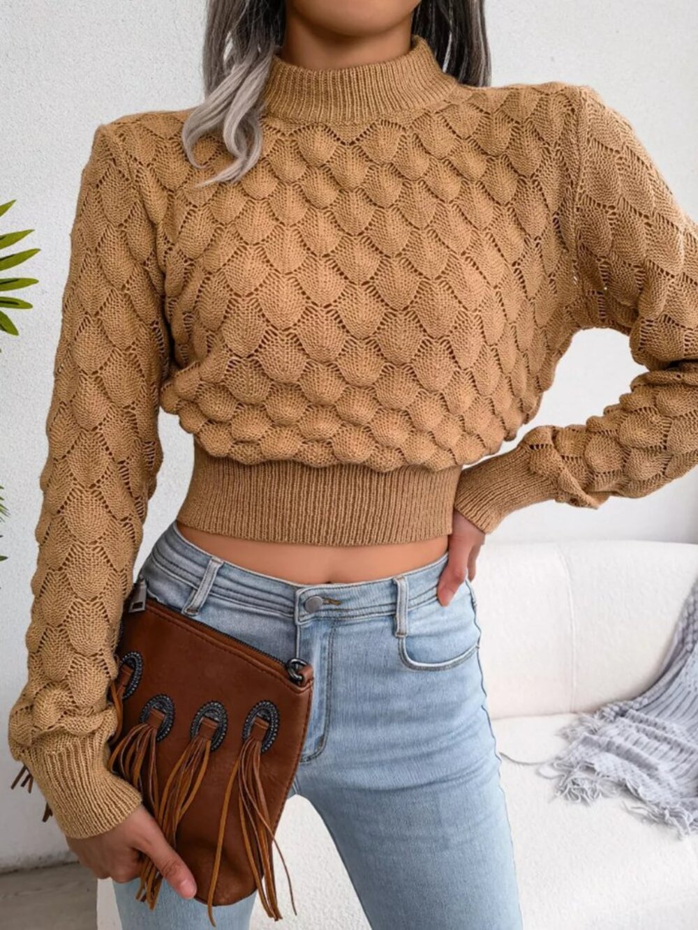 Mock Neck Textured Cropped Sweater - Picture 7 of 13